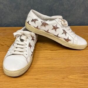 Saint Laurent Glitter Star Court Sneakers White Leather Casual Sz 40/9.5‎ 10